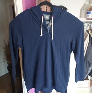 Lands End Navy Blue Hoodie with White Drawstrings And Elbow Patches.